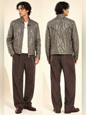 Y2K Men’s Moto Jacket Crinkle Cotton Spellout Back Archive Style Olive Brown XL